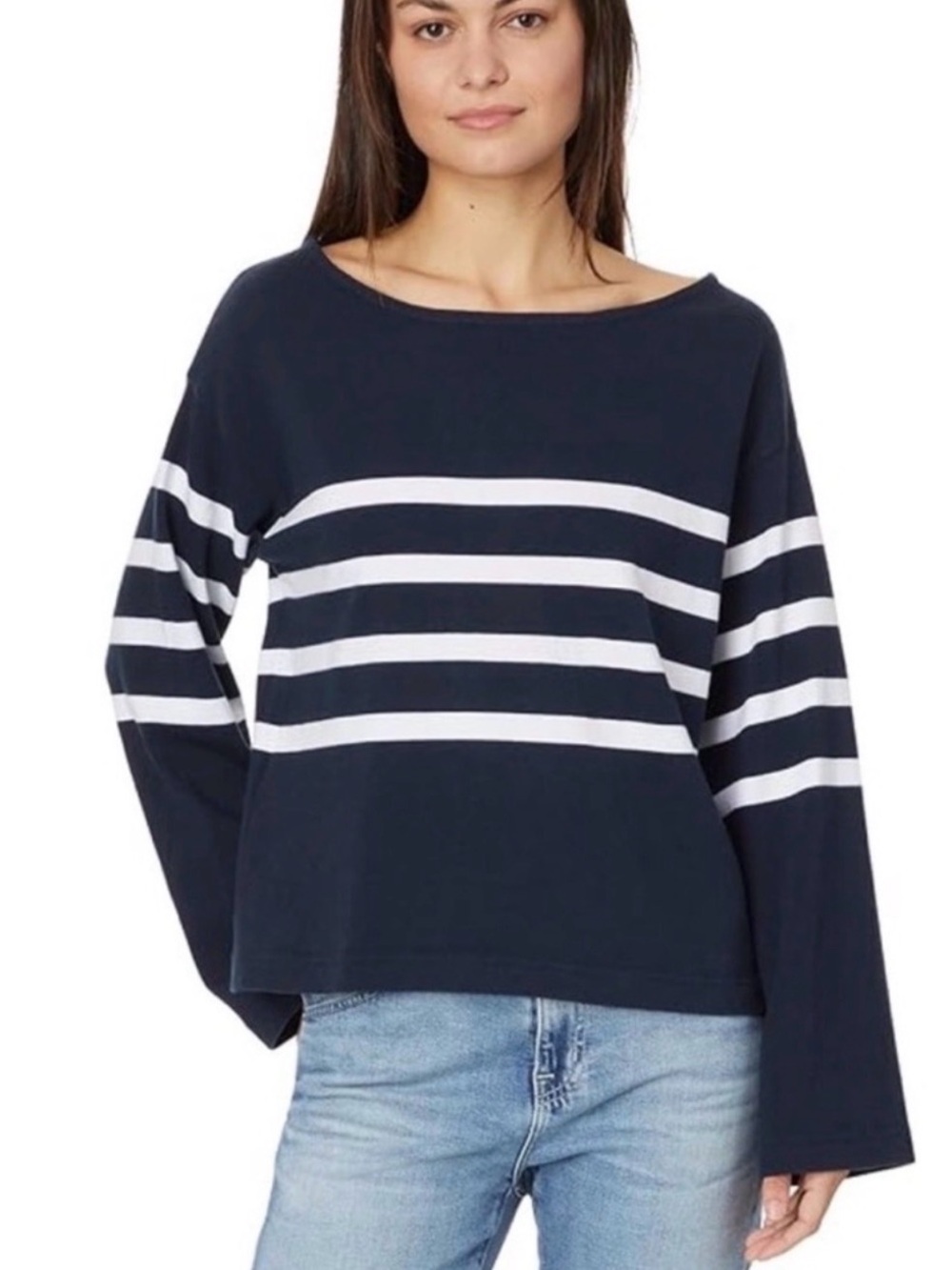 Faherty Navy and White Stripe Sport Jersey Boatneck Sweater Oversized Shirt XS
